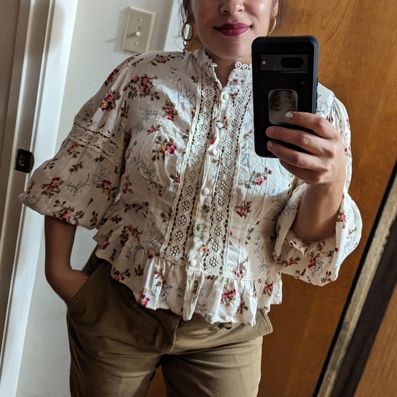 Angie Tops - Angie Floral Lace Blouse - Cream and Red